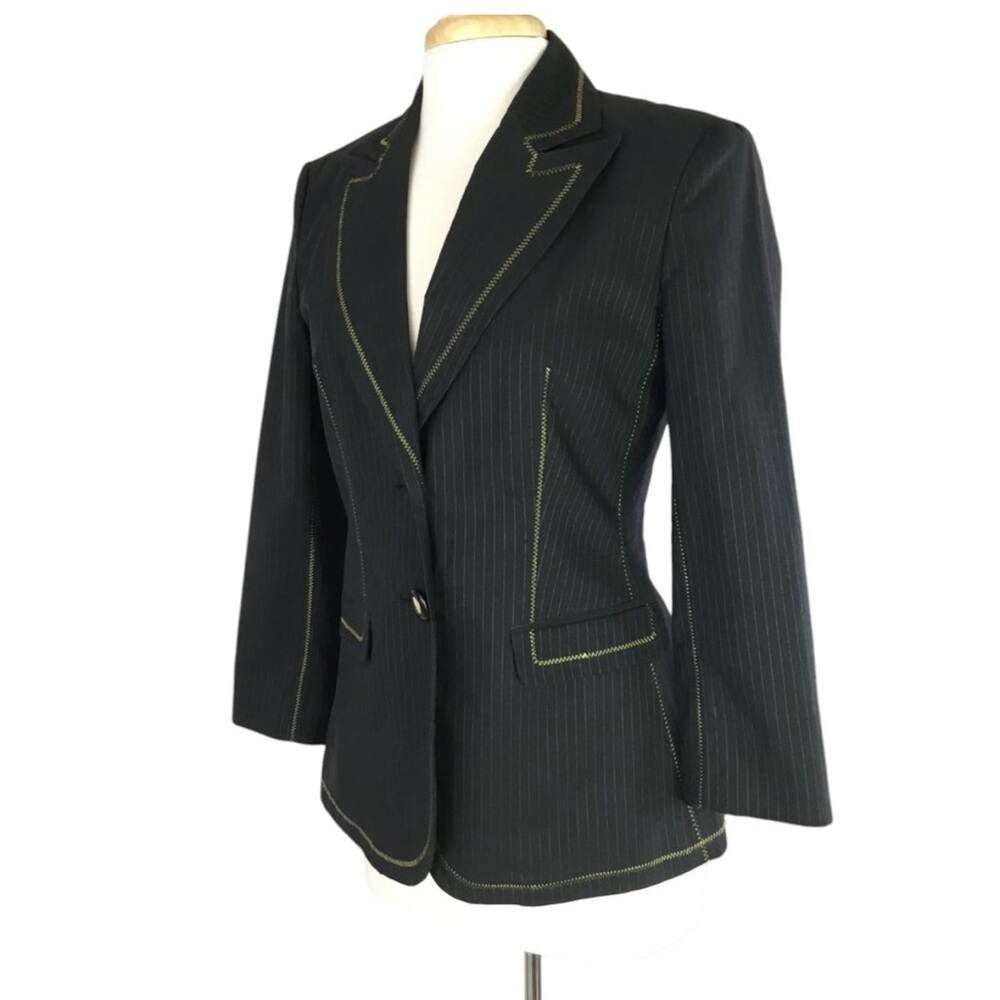 Roberto Cavalli Blazer Womens 44 Black Pinstripe Gold Stitching Snakeskin Liner - Picture 2 of 11